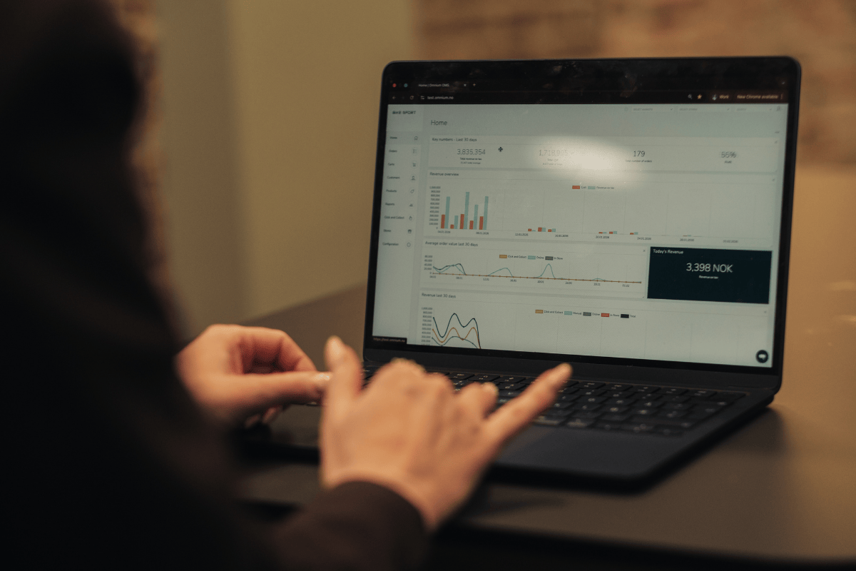 Retail performance dashboard in Omnium’s Order Management System, showing sales and revenue analytics.